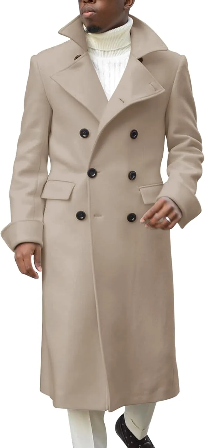 Ebifin Men's Notch Lapel Double Breasted Long Trench Coat Casual Cotton Blend Peacoat