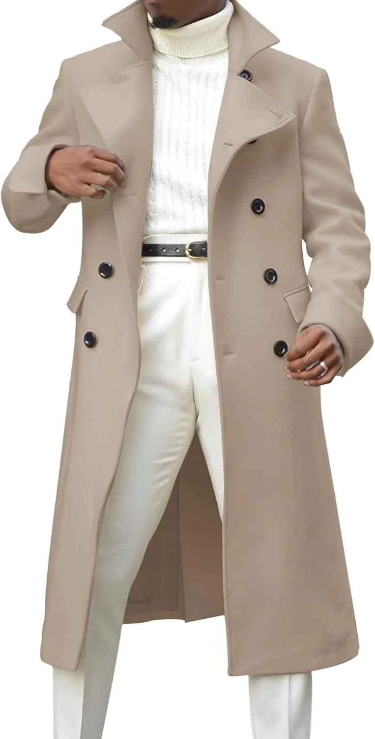 Ebifin Men's Notch Lapel Double Breasted Long Trench Coat Casual Cotton Blend Peacoat