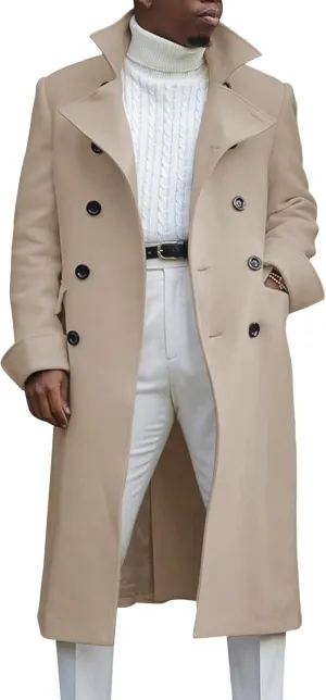 Ebifin Men's Notch Lapel Double Breasted Long Trench Coat Casual Cotton Blend Peacoat