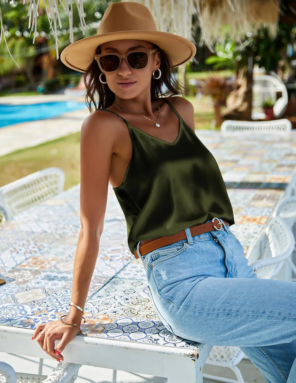 Ekouaer 3 Pack: Womens Silk Satin Tank Top V Neck Camisole Cami Spaghetti Strap Top Loose Sleeveless Blouses Tank Shirt