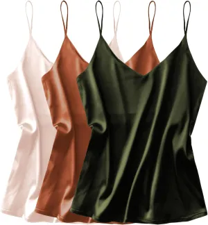 Ekouaer 3 Pack: Womens Silk Satin Tank Top V Neck Camisole Cami Spaghetti Strap Top Loose Sleeveless Blouses Tank Shirt