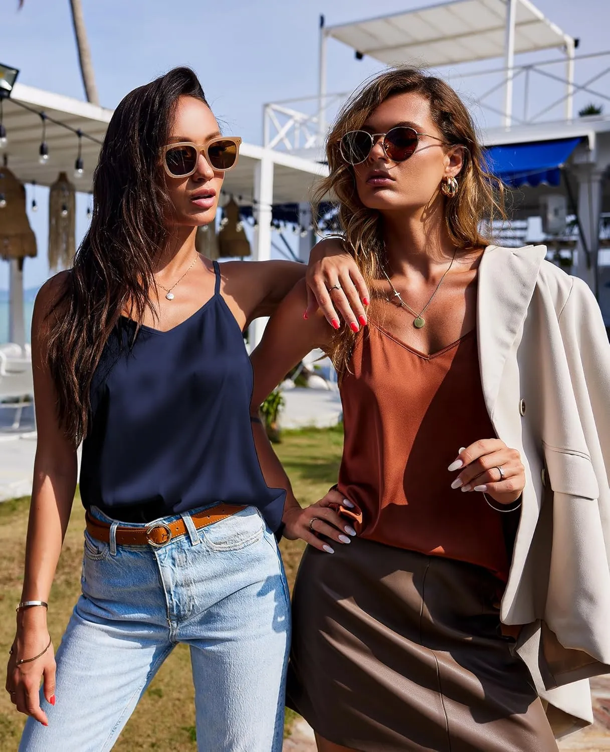 Ekouaer 3 Pack: Womens Silk Satin Tank Top V Neck Camisole Cami Spaghetti Strap Top Loose Sleeveless Blouses Tank Shirt