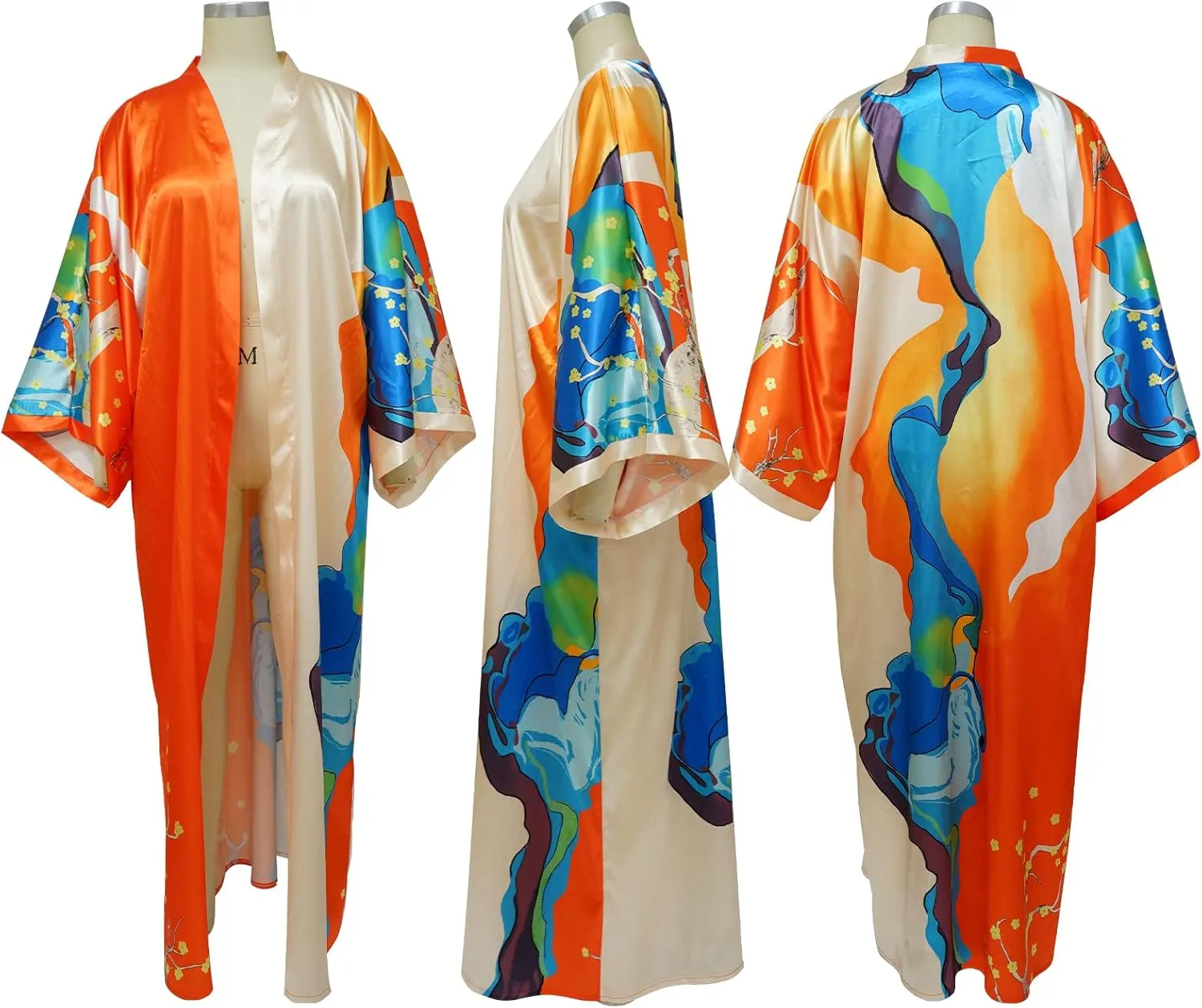Famnbro Women's Floral Print Satin Robe Kimono Cardigan Open Front Long Cover Ups Outerwear One Size