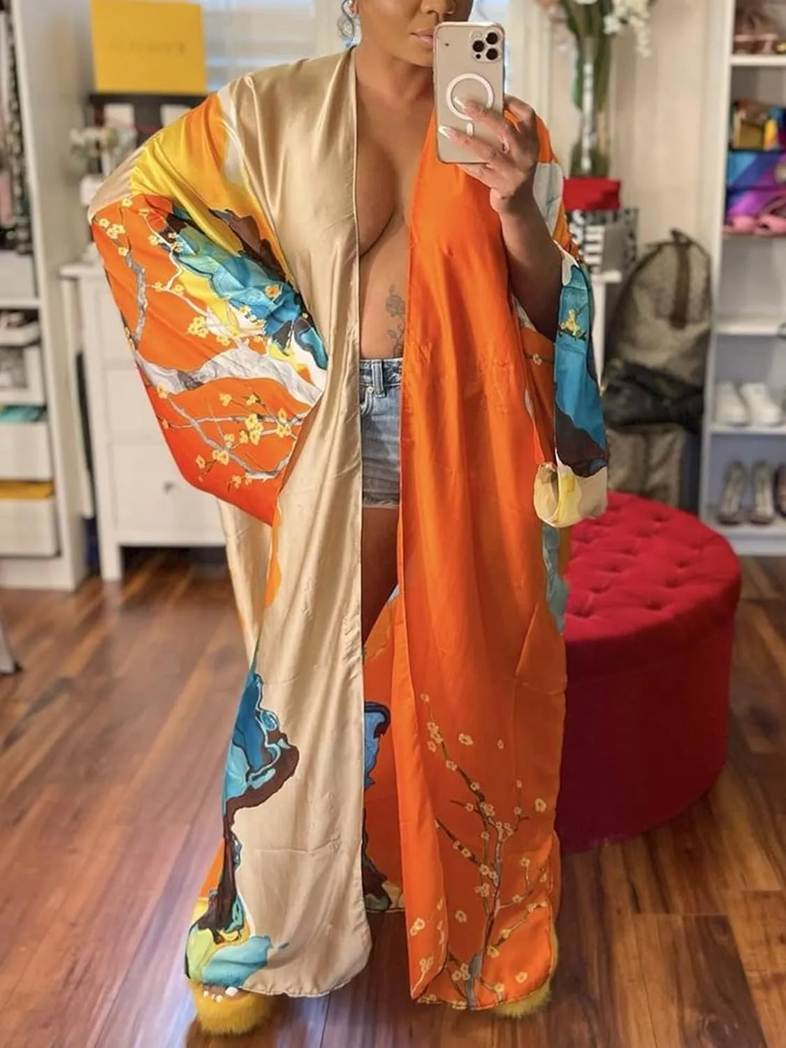 Famnbro Women's Floral Print Satin Robe Kimono Cardigan Open Front Long Cover Ups Outerwear One Size