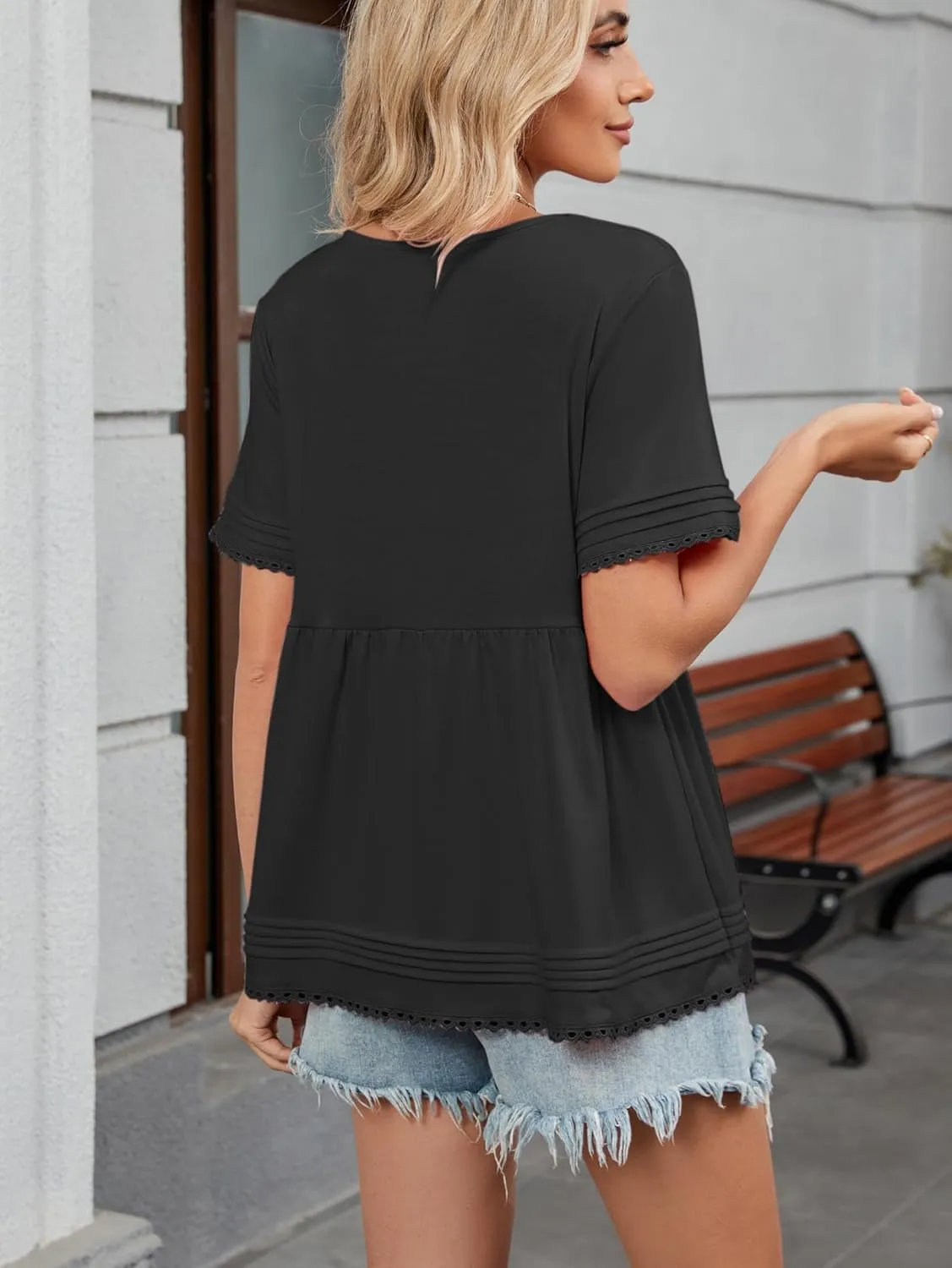 Famulily Womens V Neck Short Sleeve Shirts Lace Trim Babydoll Loose Peplum Tunic Tops
