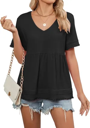 Famulily Womens V Neck Short Sleeve Shirts Lace Trim Babydoll Loose Peplum Tunic Tops