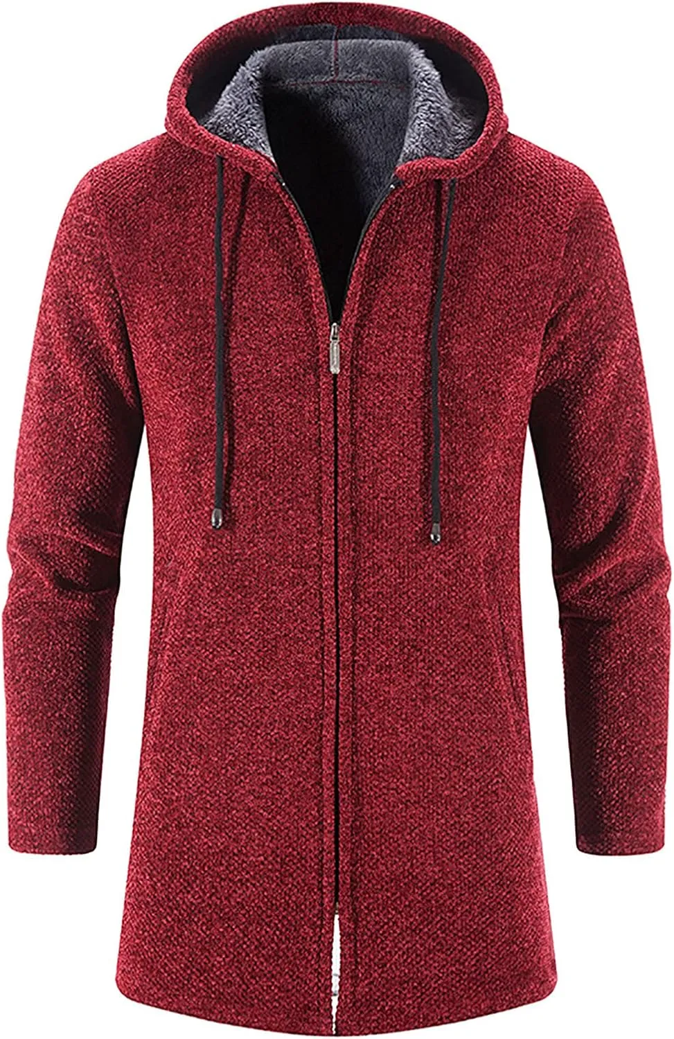 Fleece Lined Jackets for Men Winter Hooded Coats Mid Length Cardigan Sweaters Long Sleeve Tops Warm Pocket Outerwear
