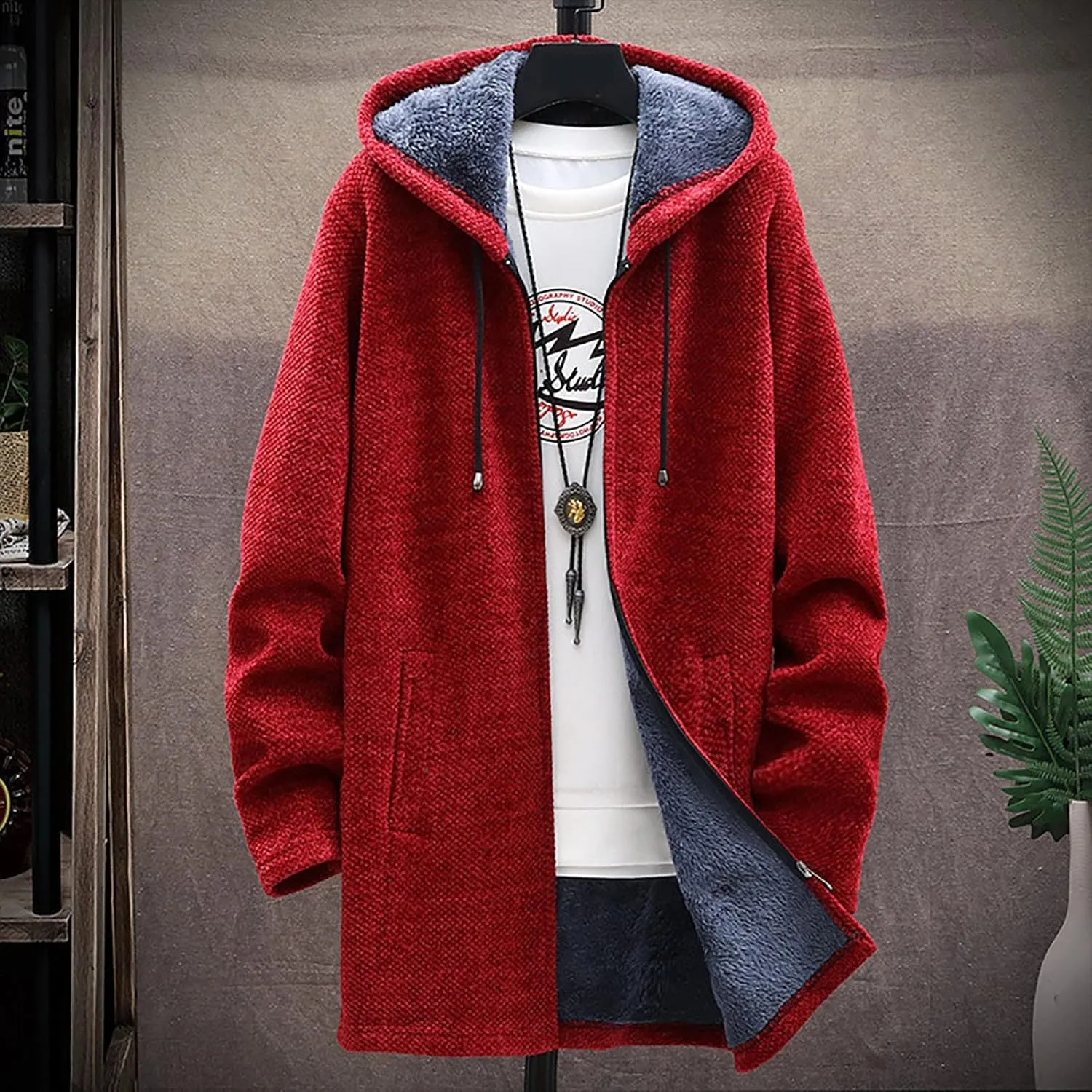 Fleece Lined Jackets for Men Winter Hooded Coats Mid Length Cardigan Sweaters Long Sleeve Tops Warm Pocket Outerwear