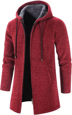 Fleece Lined Jackets for Men Winter Hooded Coats Mid Length Cardigan Sweaters Long Sleeve Tops Warm Pocket Outerwear
