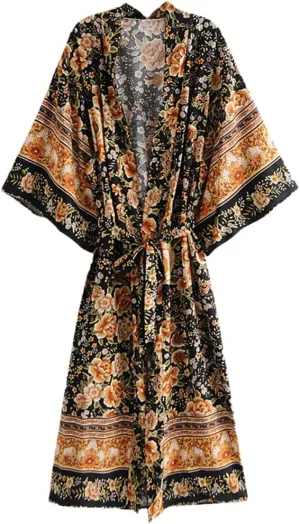 Floral Print Bat Sleeve Beach Kimono Robe for Women Ladies V Neck Tassel Dress Boho Cover Up