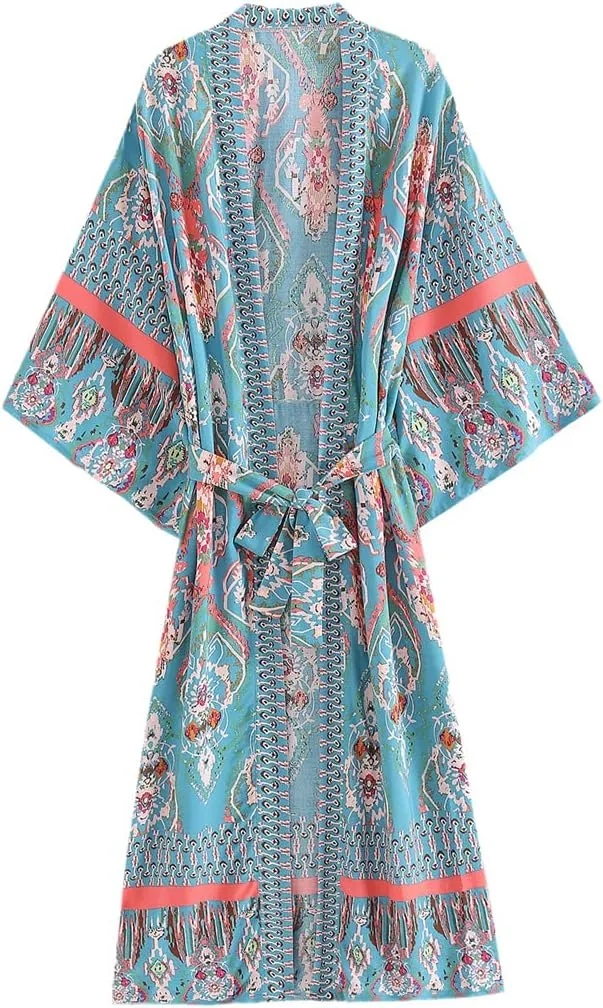 Floral Print Bat Sleeve Beach Kimono Robe for Women Ladies V Neck Tassel Dress Boho Cover Up