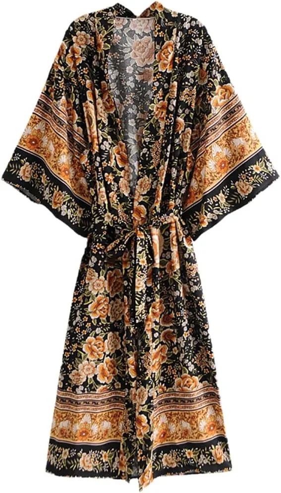 Floral Print Bat Sleeve Beach Kimono Robe for Women Ladies V Neck Tassel Dress Boho Cover Up