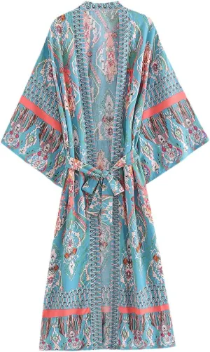 Floral Print Bat Sleeve Beach Kimono Robe for Women Ladies V Neck Tassel Dress Boho Cover Up