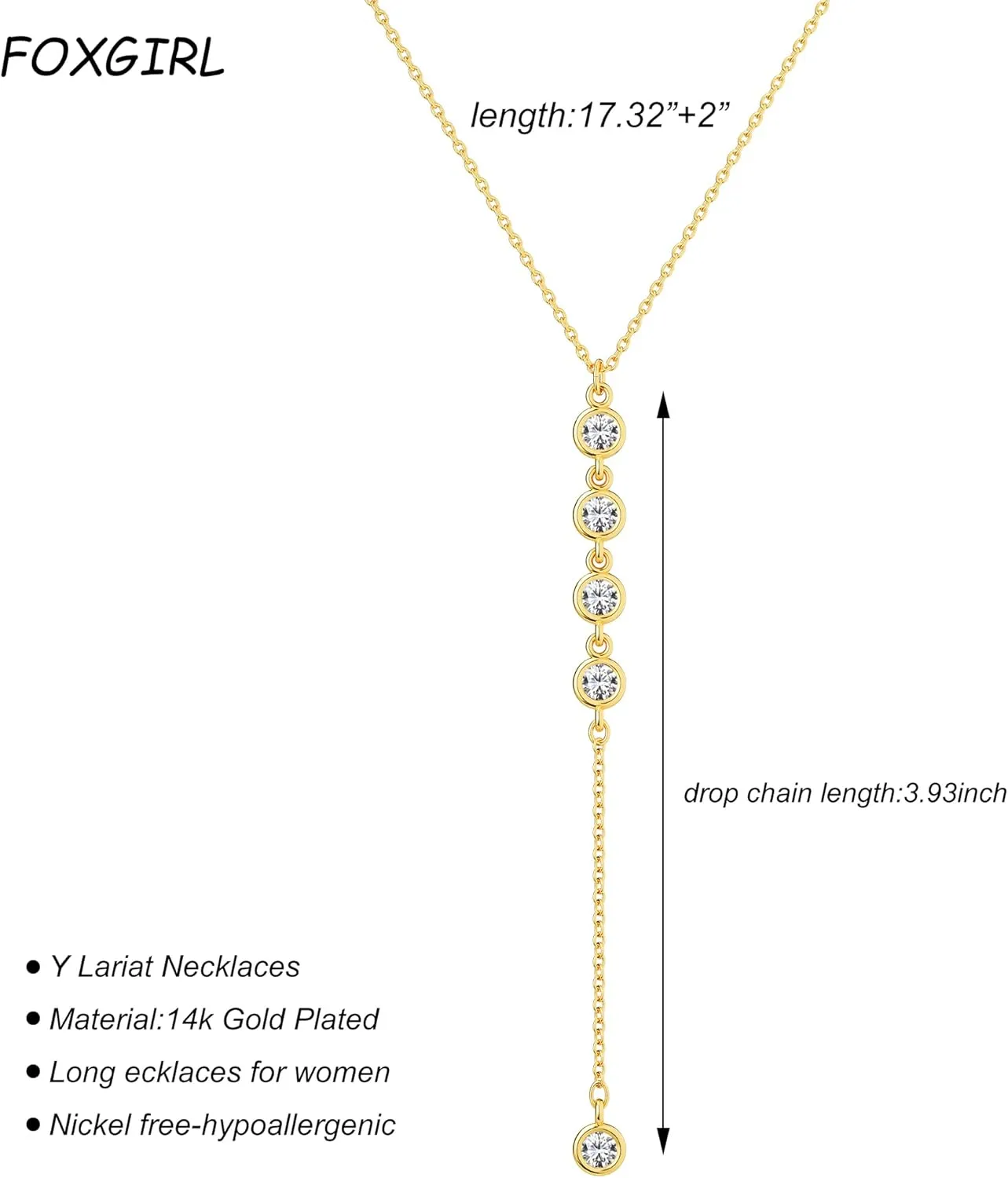 Foxgirl Long Gold Necklace for Women- Dainty 14k Gold Plated Drop Lariat Necklace Layered Simple CZ Y-Shaped Body Chain Stack Wedding Necklace Trendy