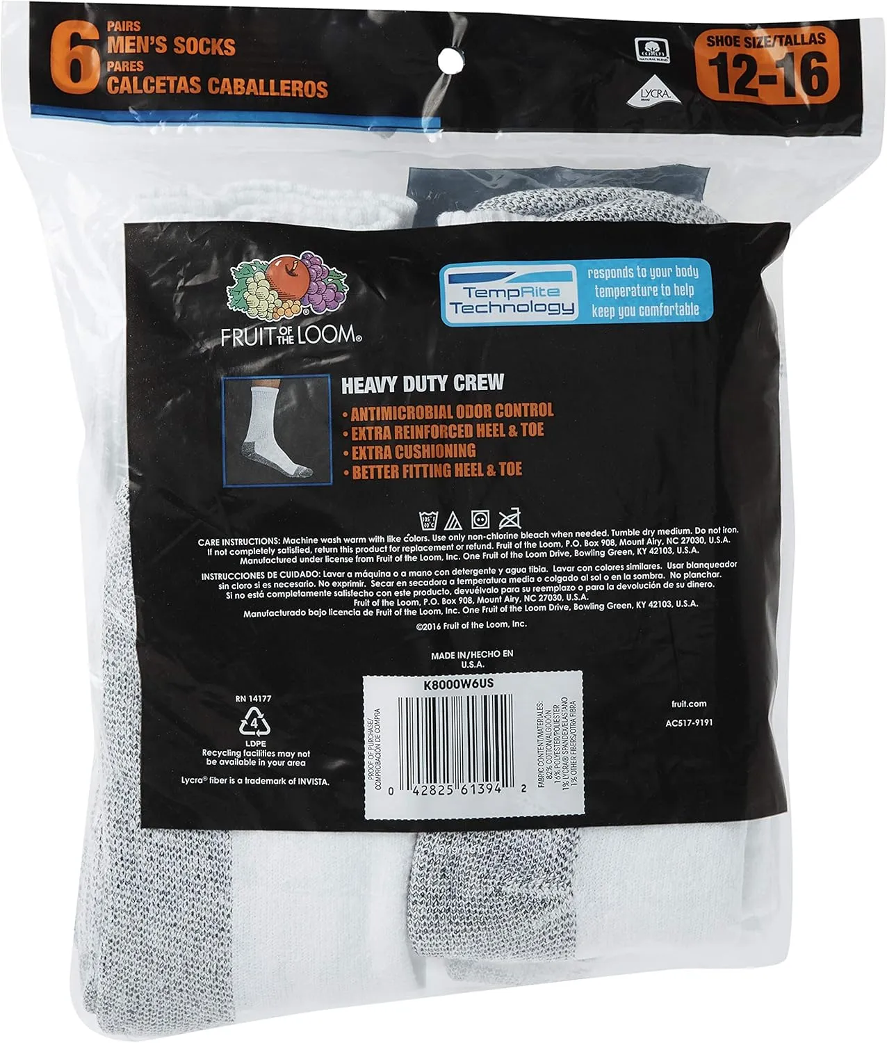Fruit of the Loom Men's Cushioned Durable Cotton Work Gear Socks with Moisture Wicking