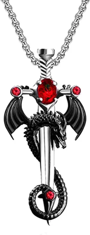 FUTIMELY Gothic Dragon Sword Cross Pendant Necklace - Punk Zircon Dragon Pendant - Vintage Wrapped Sword - Dark Gothic Jewelry for Men & Women