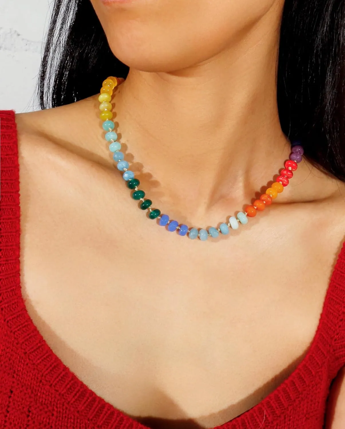 Gemstone Beaded Necklace for Women Colorful Natural Stone Freshwater Pearl Surfer Beach Rainbow Necklace Jewelry Gift