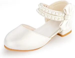 Girls Dress Shoes - Closed Toe Heels with Bow & Flower Embellishments for Wedding & Party