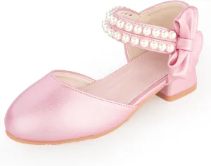 Girls Dress Shoes - Closed Toe Heels with Bow & Flower Embellishments for Wedding & Party