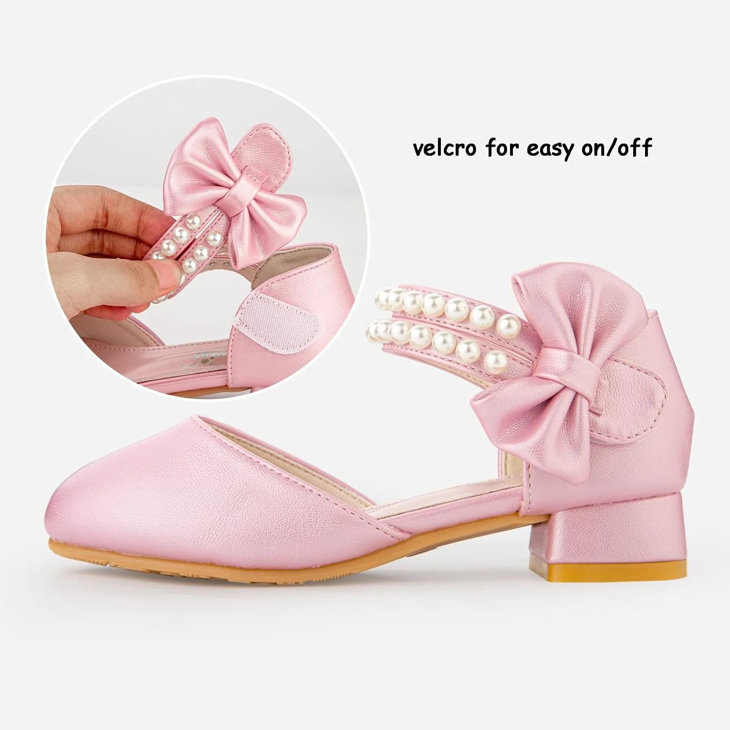 Girls Dress Shoes - Closed Toe Heels with Bow & Flower Embellishments for Wedding & Party