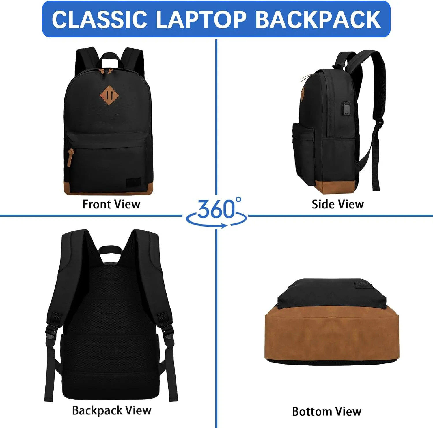 Goloni Classic Backpack with USB Charging Port,Water Resistant Anti-Theft Travel Backpack for Men & Women,Laptop Backpack,Fits 17.3 Inch Laptop,Black