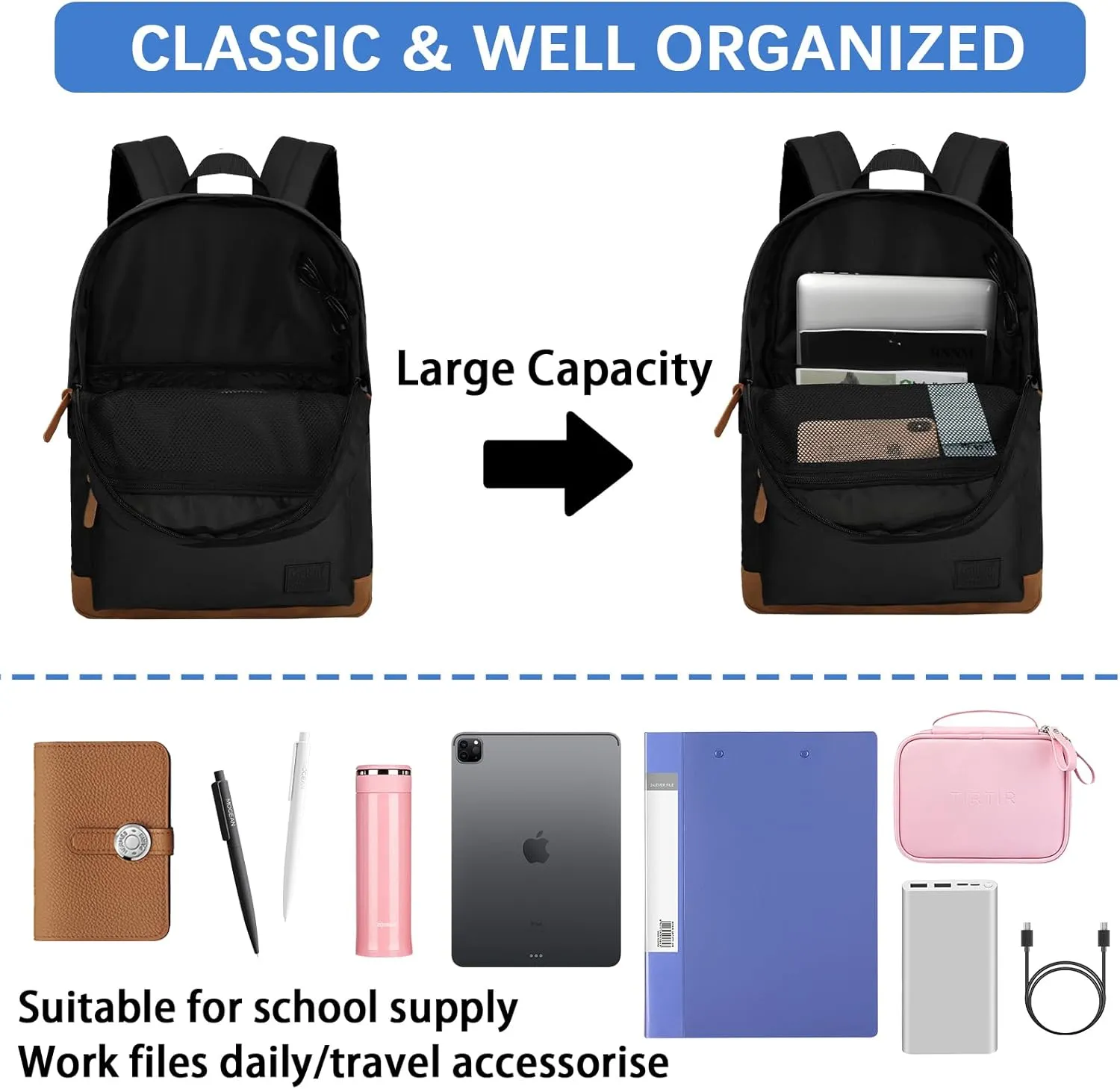 Goloni Classic Backpack with USB Charging Port,Water Resistant Anti-Theft Travel Backpack for Men & Women,Laptop Backpack,Fits 17.3 Inch Laptop,Black