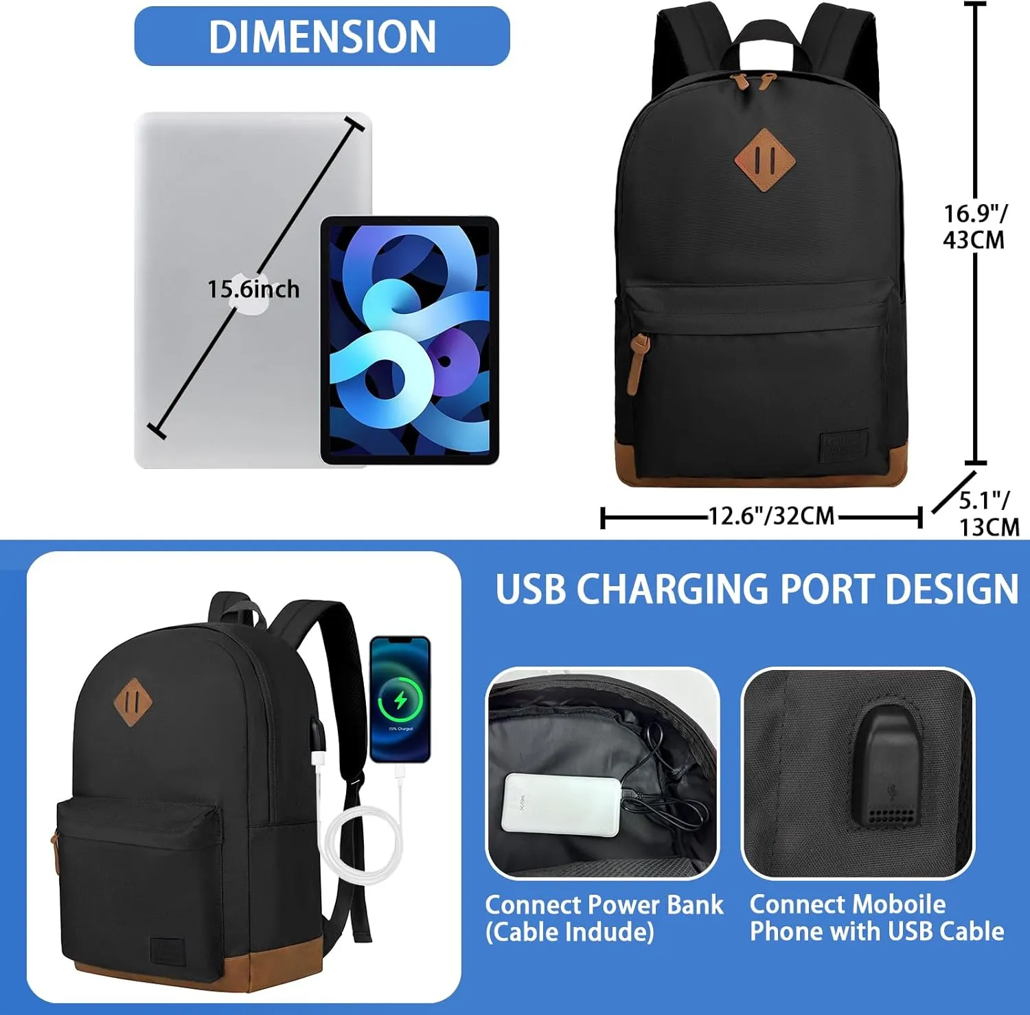 Goloni Classic Backpack with USB Charging Port,Water Resistant Anti-Theft Travel Backpack for Men & Women,Laptop Backpack,Fits 17.3 Inch Laptop,Black