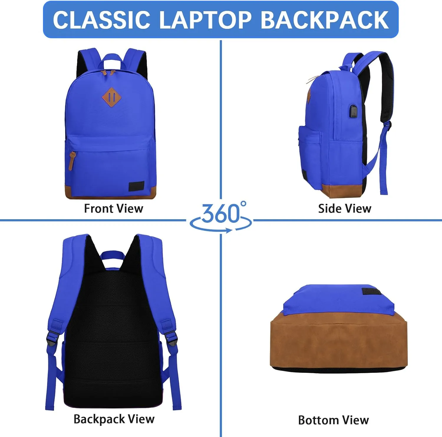 Goloni Classic Backpack with USB Charging Port,Water Resistant Anti-Theft Travel Backpack for Men & Women,Laptop Backpack,Fits 17.3 Inch Laptop,Blue