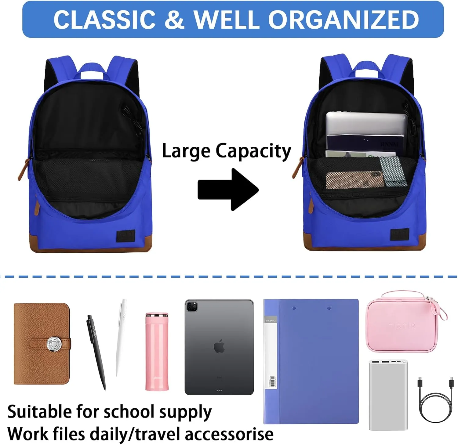 Goloni Classic Backpack with USB Charging Port,Water Resistant Anti-Theft Travel Backpack for Men & Women,Laptop Backpack,Fits 17.3 Inch Laptop,Blue
