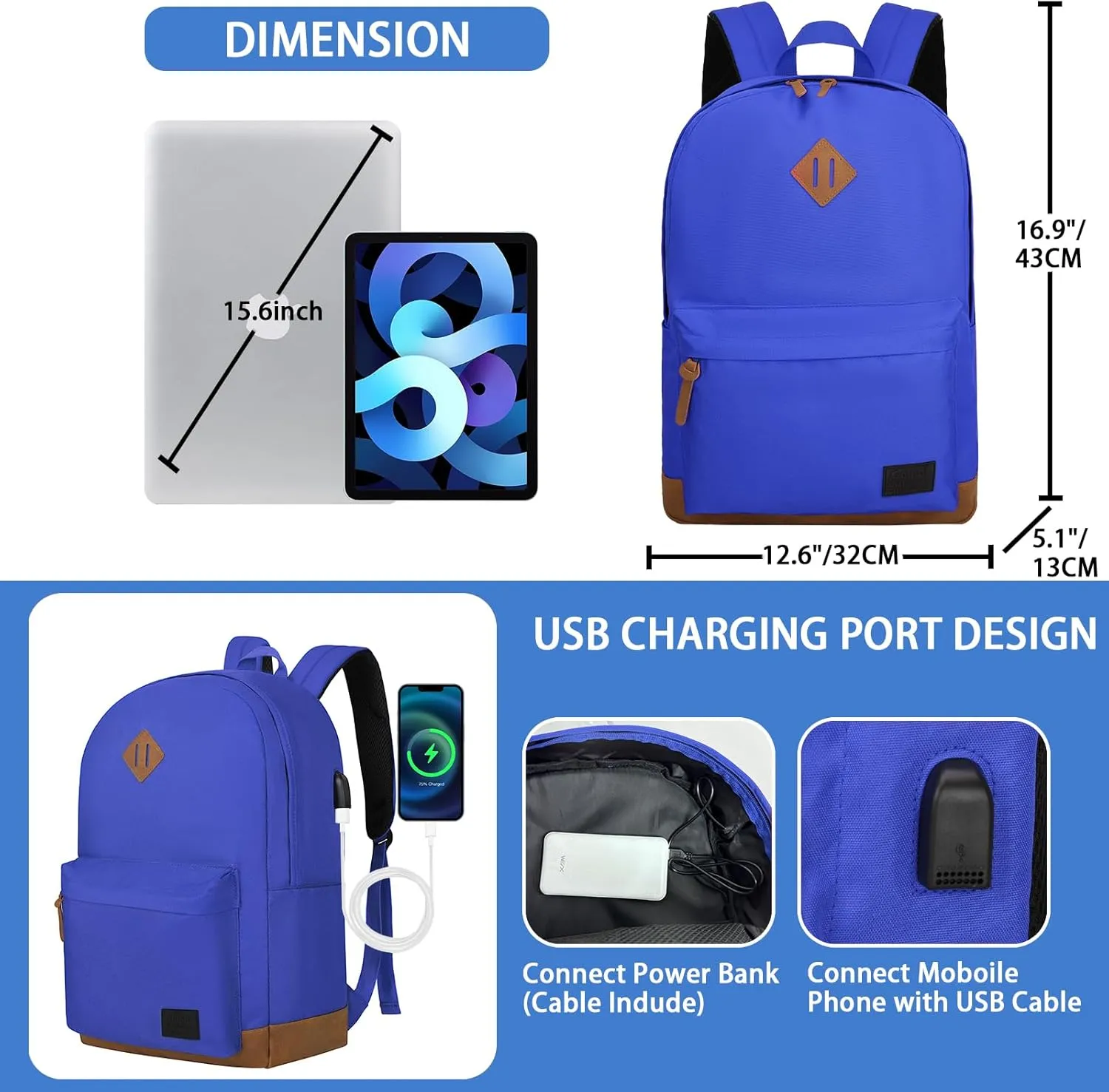 Goloni Classic Backpack with USB Charging Port,Water Resistant Anti-Theft Travel Backpack for Men & Women,Laptop Backpack,Fits 17.3 Inch Laptop,Blue