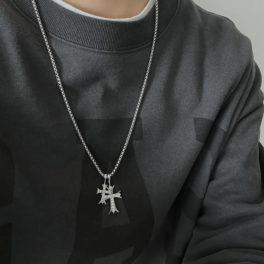 Gothic Double Cross Necklace Silver Plated Goth Vintage Necklace Y2K Long Dainty Cross Choker Necklace for Women Men Silver Non Tarnish Chrome Punk Heart Chain Link 2000s Jewelry