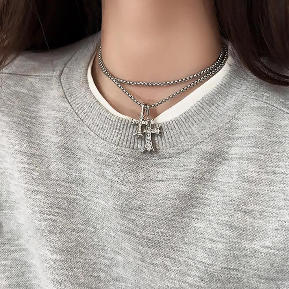 Gothic Double Cross Necklace Silver Plated Goth Vintage Necklace Y2K Long Dainty Cross Choker Necklace for Women Men Silver Non Tarnish Chrome Punk Heart Chain Link 2000s Jewelry