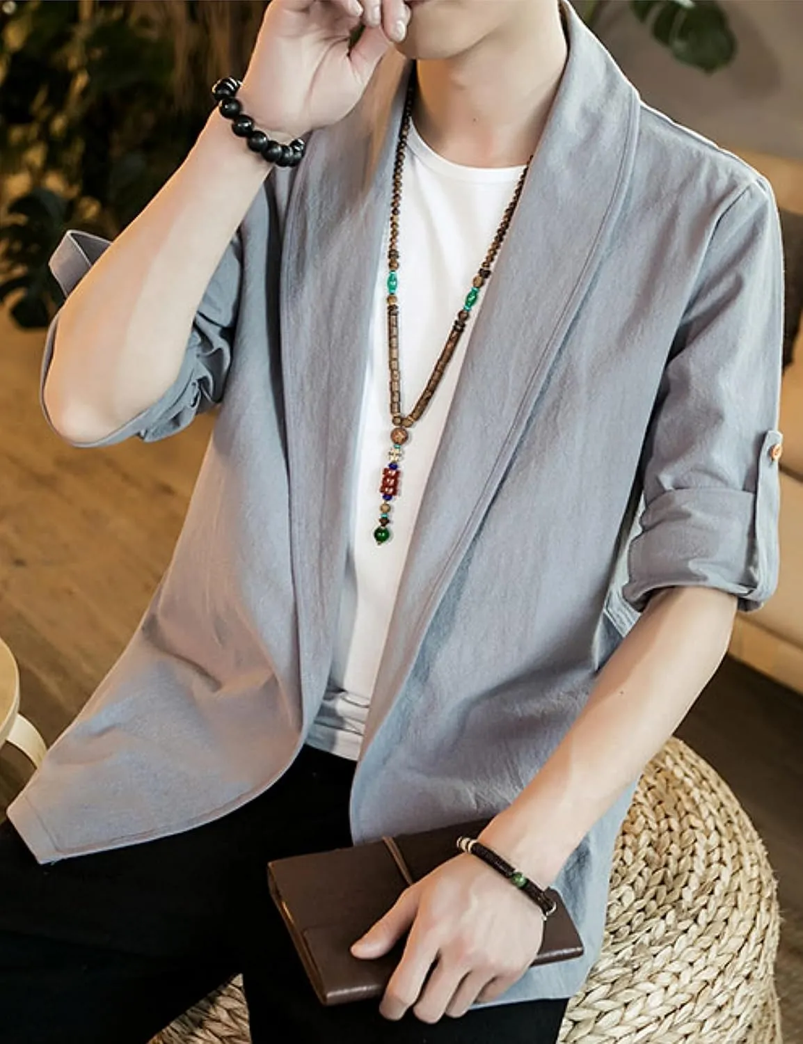 HangNiFang Mens Casual Blazer Sport Coat Cardigan Cotton Linen Open Front Outwear Jacket