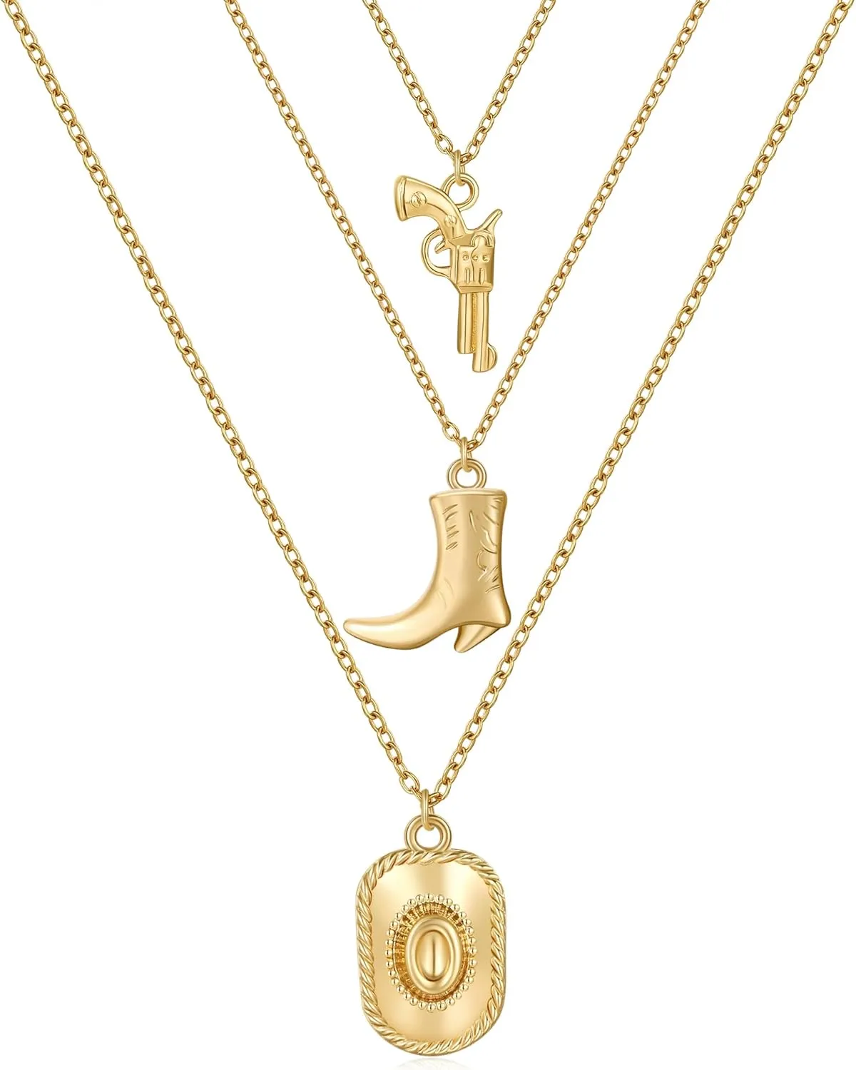 HANRESHE Cow Hat Boots Necklace Gold Chain Western Cow Hat and Boots Necklace