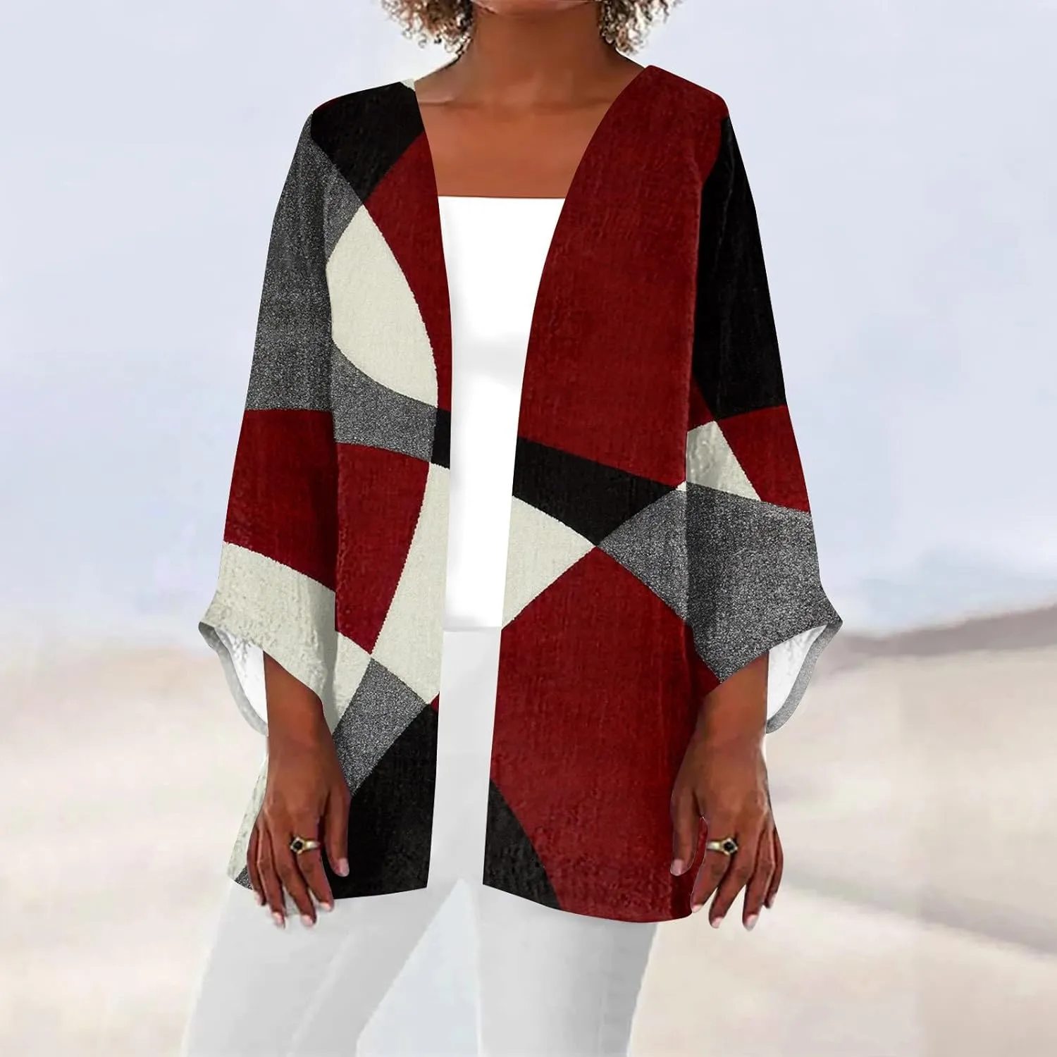 Hawaiian Boho Lightweight Jackets for Women Floral Print Puff Sleeve Kimono Cardigan Loose Cover Up Casual Blouse Top
