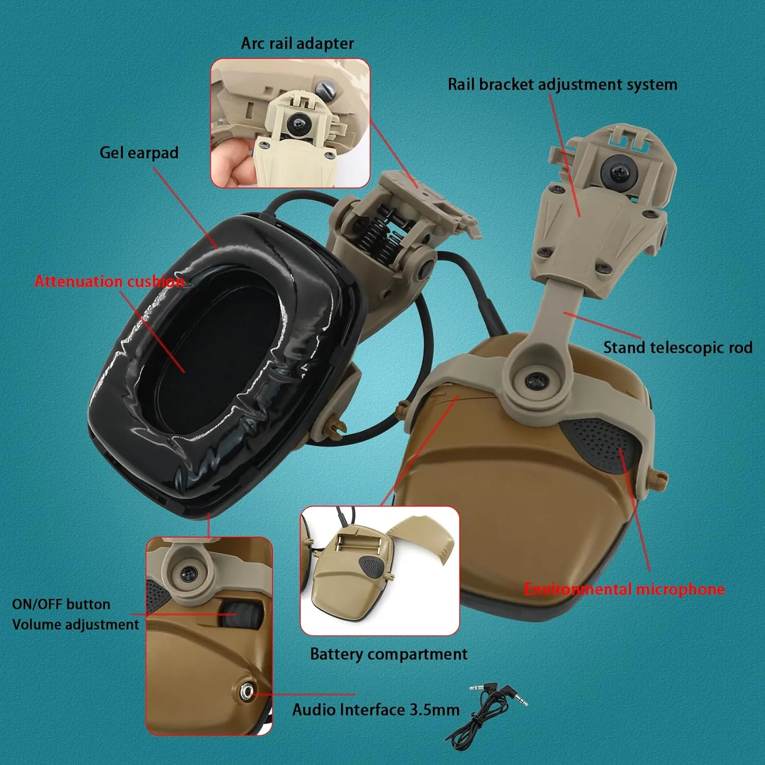 Hearing Protection Noise Cancelling Sound Amplification with Gel Ear Pad/ARC Rail Adapter Ideal for Shooting Sport