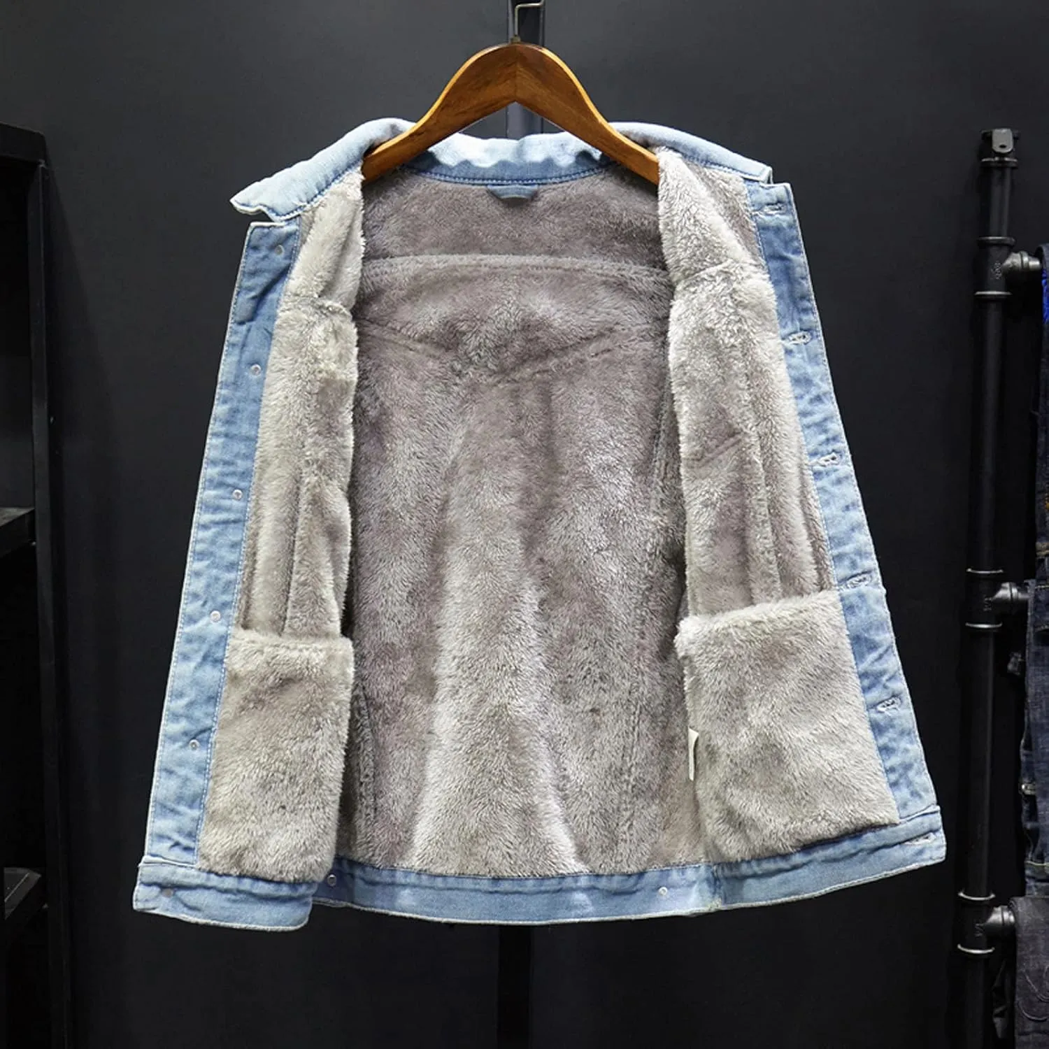 hlysgo Men's Denim Jacket Lapel Sherpa Fleece Lined Thicken Denim Jean Trucker Jacket Coats Slim Casual Jean Jacket Unisex
