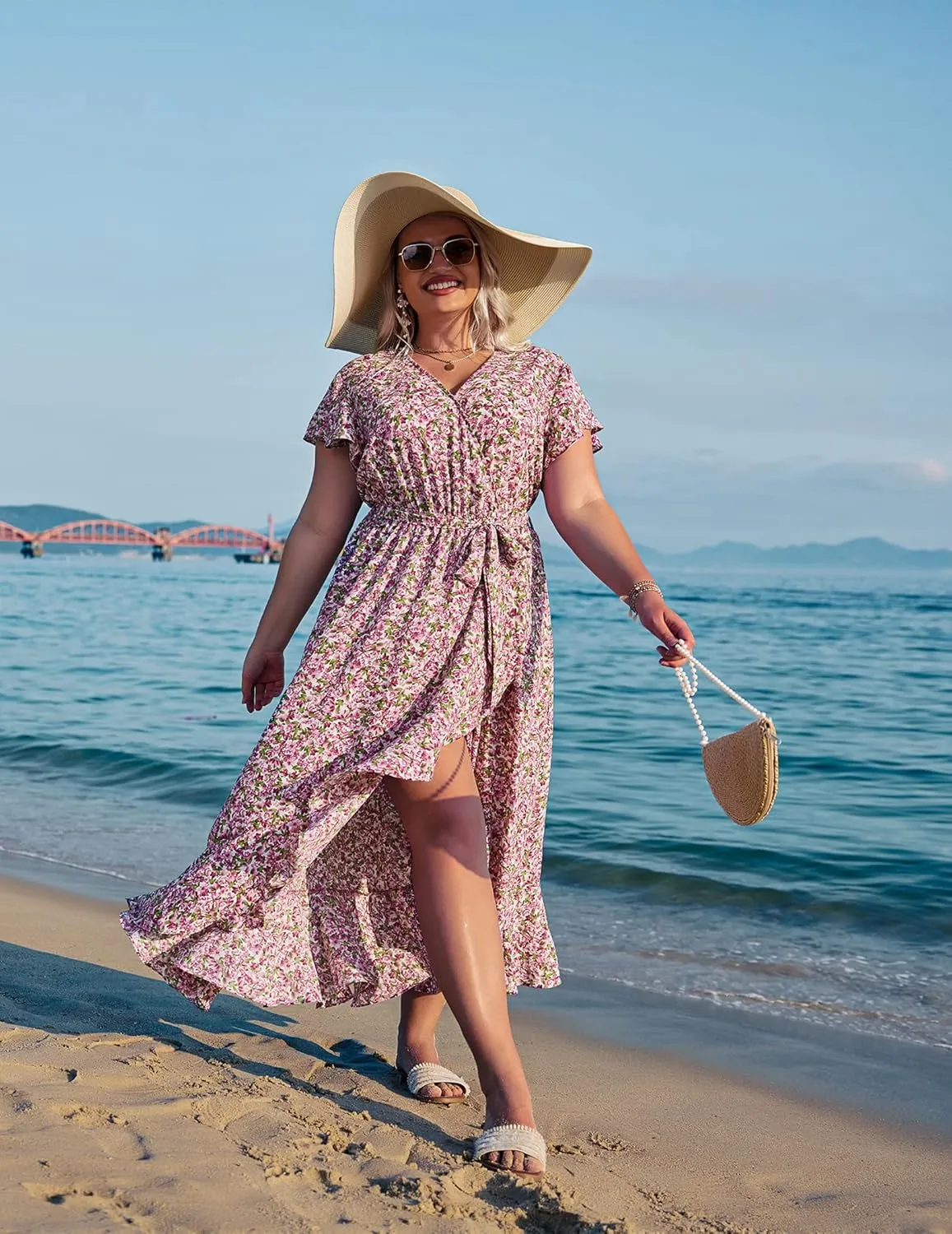 IN'VOLAND Plus Size Womens Floral Summer Dress Casual Wrap V Neck Short Sleeve Belted Beach Bohemian Maxi Dress