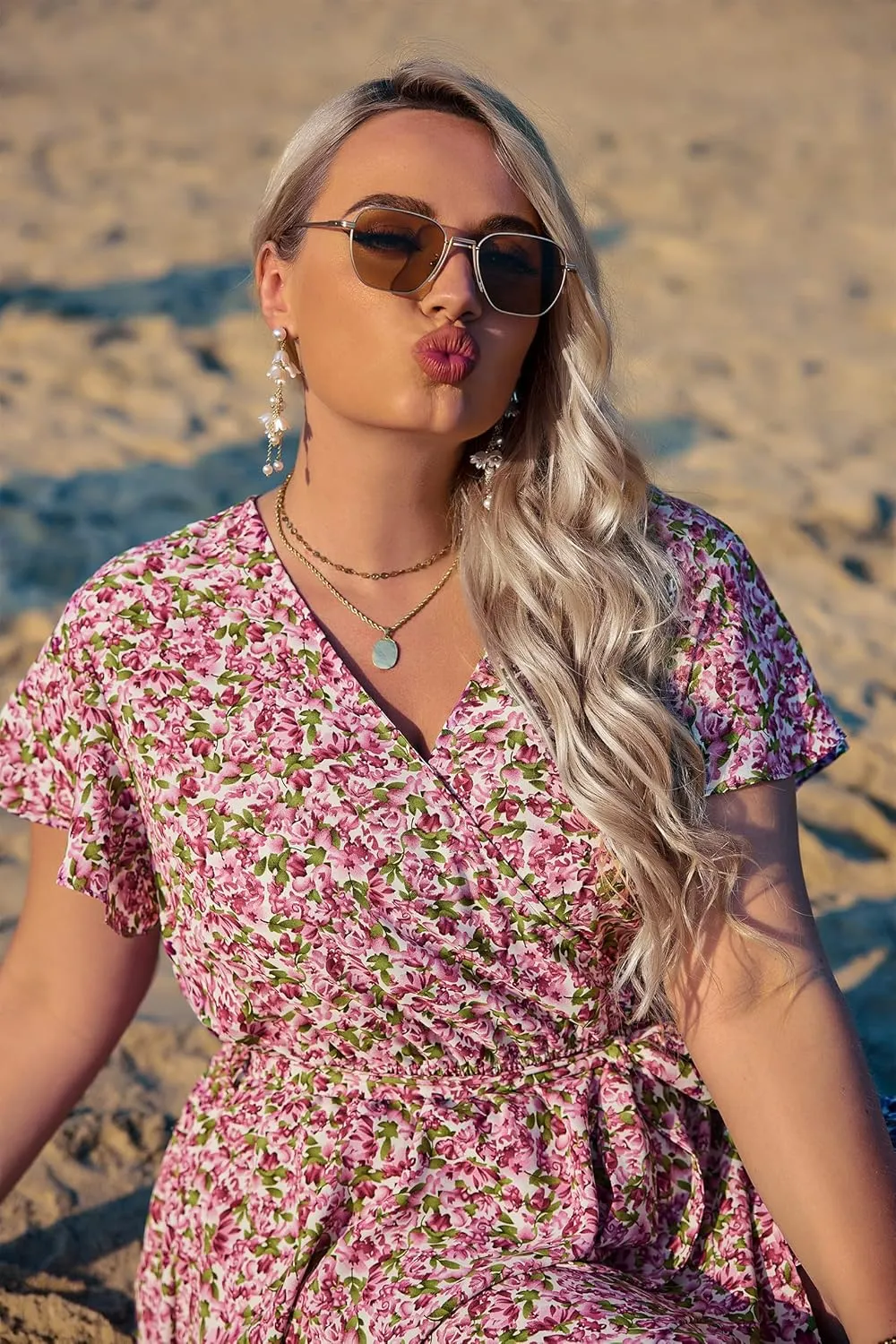 IN'VOLAND Plus Size Womens Floral Summer Dress Casual Wrap V Neck Short Sleeve Belted Beach Bohemian Maxi Dress