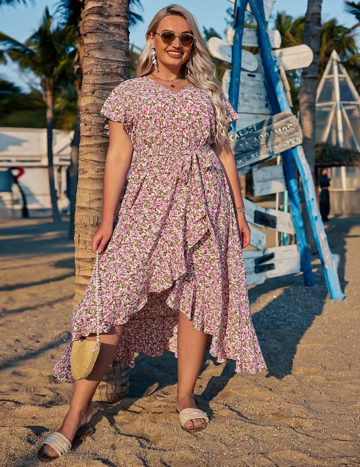 IN'VOLAND Plus Size Womens Floral Summer Dress Casual Wrap V Neck Short Sleeve Belted Beach Bohemian Maxi Dress