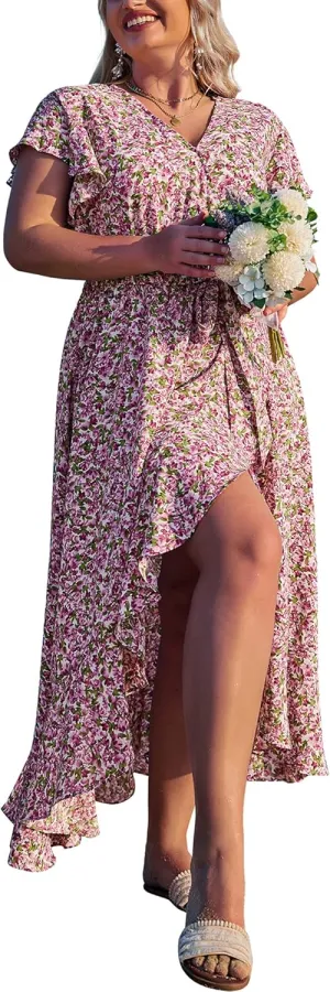 IN'VOLAND Plus Size Womens Floral Summer Dress Casual Wrap V Neck Short Sleeve Belted Beach Bohemian Maxi Dress