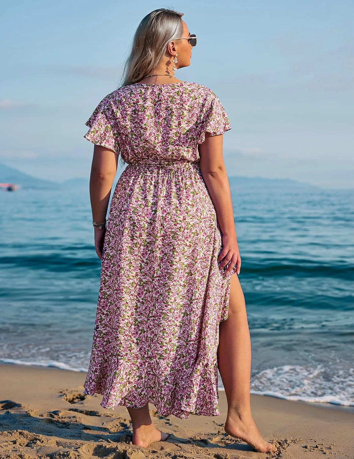 IN'VOLAND Plus Size Womens Floral Summer Dress Casual Wrap V Neck Short Sleeve Belted Beach Bohemian Maxi Dress