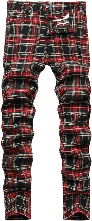 JE&NS Men's Stretch Slim Fit Flat-Front Casual Skinny Chinos Plaid Dress Pants