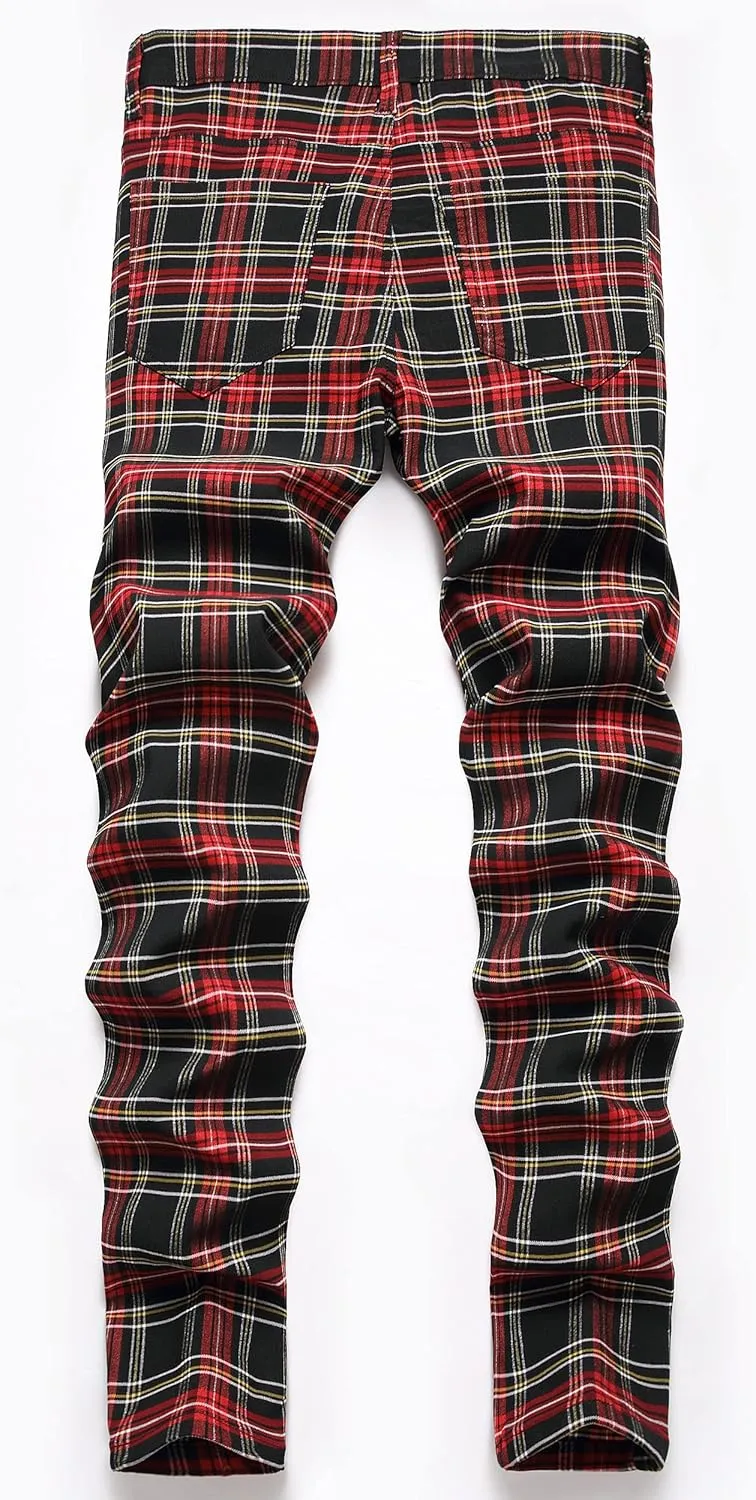 JE&NS Men's Stretch Slim Fit Flat-Front Casual Skinny Chinos Plaid Dress Pants