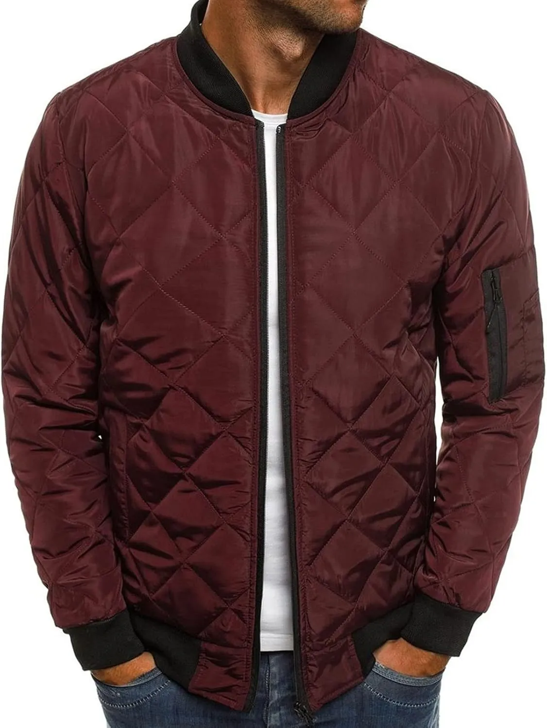 JEsilunmaMY Men's Quilted Jacket Diamond Winter Coat Zip Up Solid Color Bomber Padded Jacket Lightweight Cotton Windbreaker