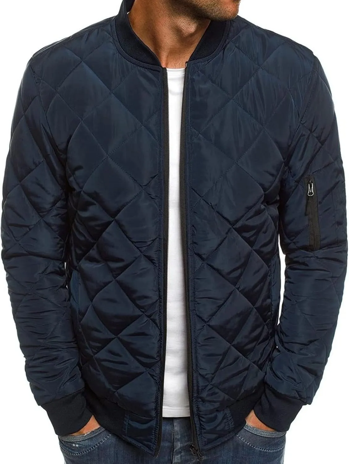 JEsilunmaMY Men's Quilted Jacket Diamond Winter Coat Zip Up Solid Color Bomber Padded Jacket Lightweight Cotton Windbreaker