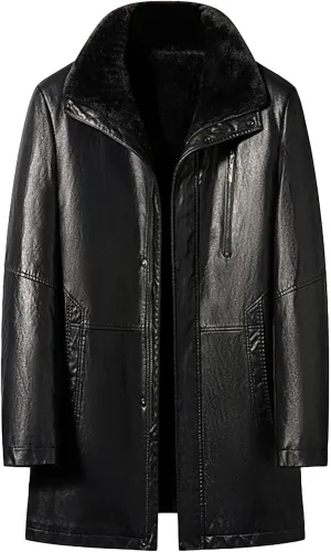 JEsilunmaMY Mens Winter Sherpa Leather Jacket Fleece Lined Lapel Performance Bomber Coat Heavyweight Motorcycle Trench Coat