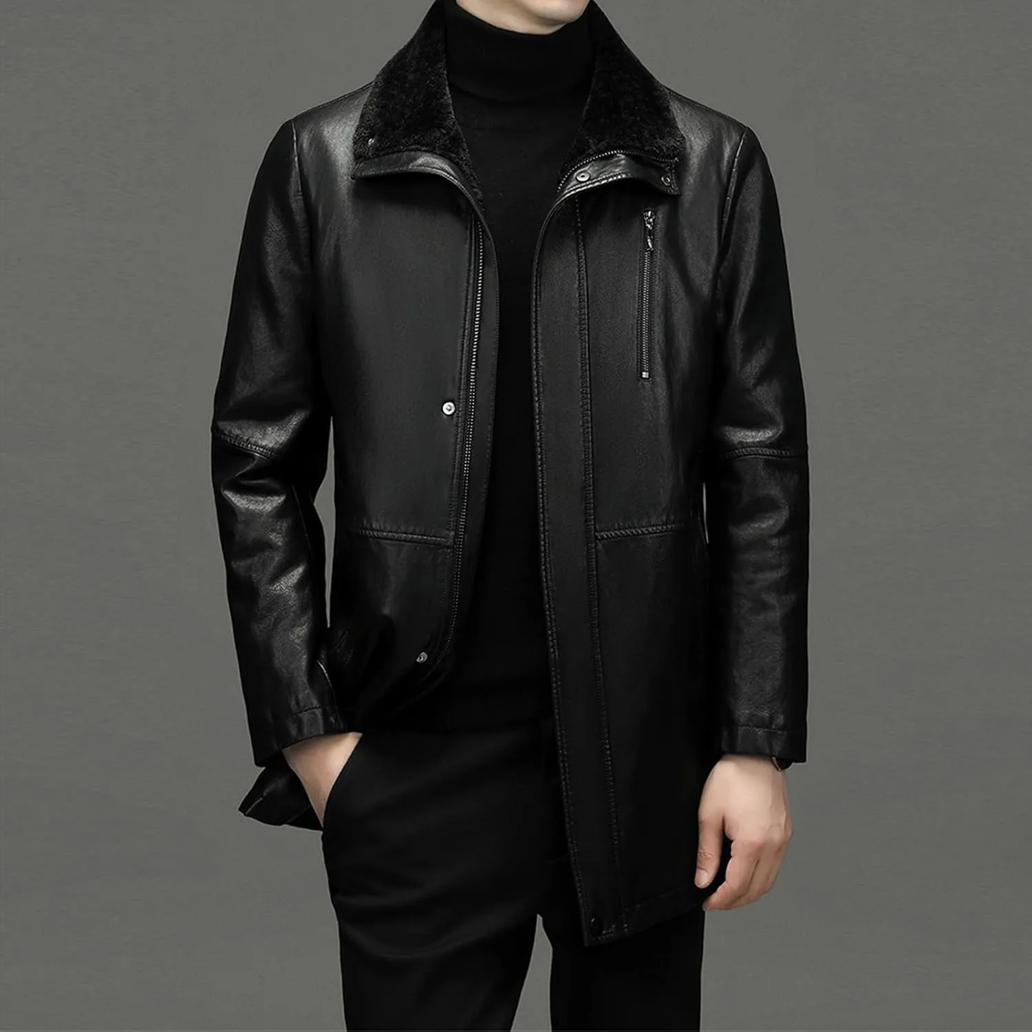 JEsilunmaMY Mens Winter Sherpa Leather Jacket Fleece Lined Lapel Performance Bomber Coat Heavyweight Motorcycle Trench Coat
