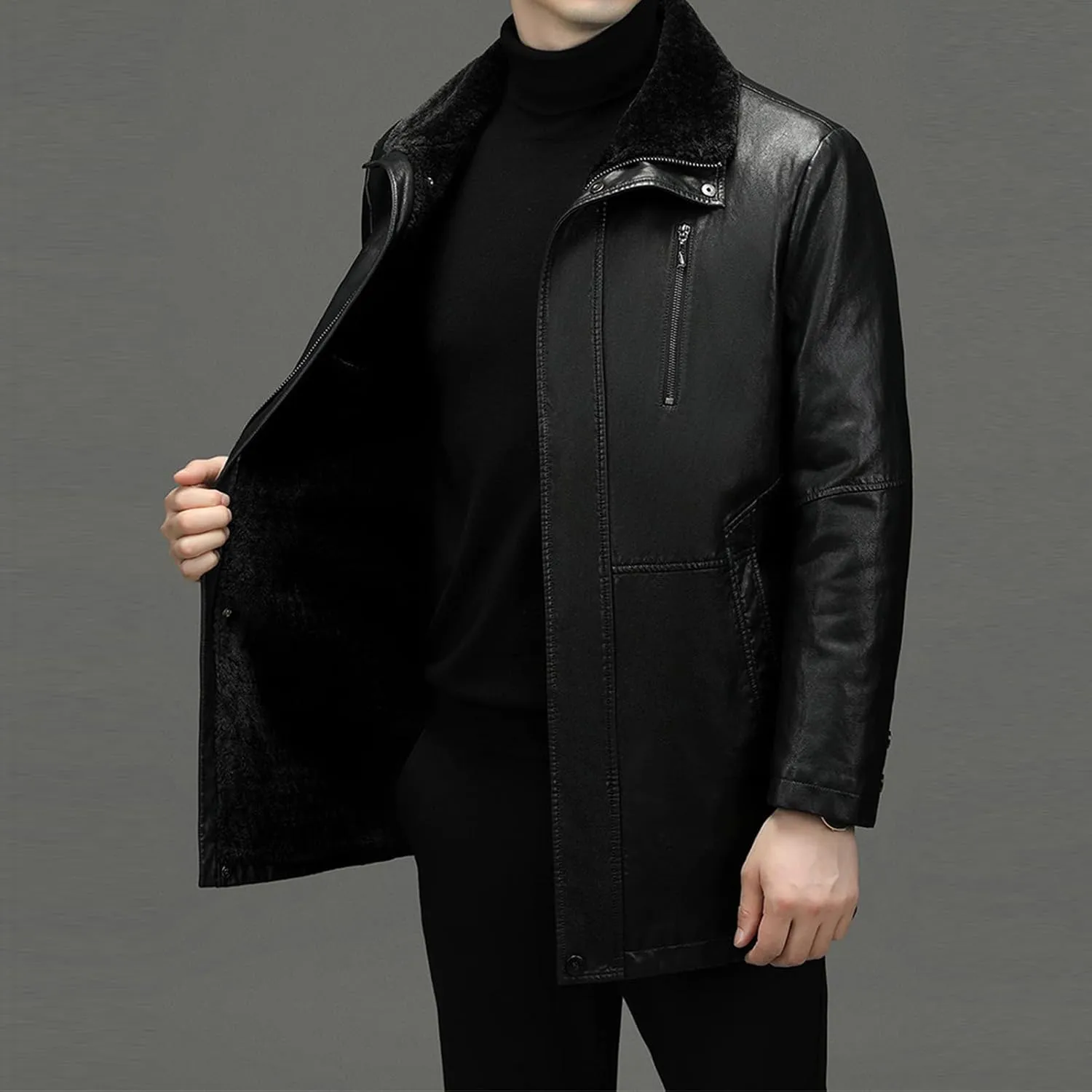 JEsilunmaMY Mens Winter Sherpa Leather Jacket Fleece Lined Lapel Performance Bomber Coat Heavyweight Motorcycle Trench Coat