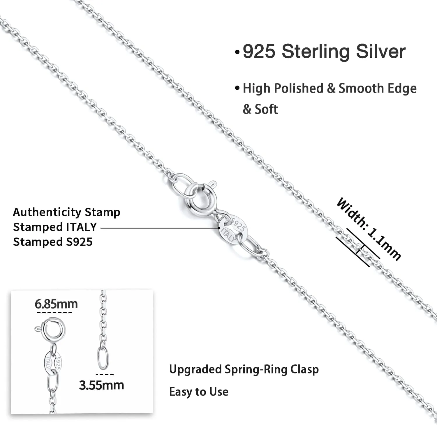Jewlpire 925 Sterling Silver Chain Necklace Chain for Women 1.1mm Cable Chain Necklace Upgraded Spring-Ring Clasp - Thin & Sturdy - Italian Quality 16/18/20/22/24 Inch